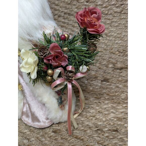 Unique Christmas Holiday Floral Garden Santa Tree Topper Silk Pink Faux-Fur Gown - Picture 3 of 16